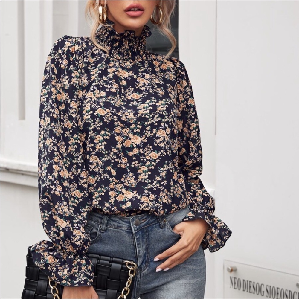 Boho floral print ruffle classic spring blouse - Picture 1 of 4